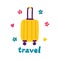 Yellow travel suitcase on wheels, straight view. Travel summer thing, colorful illustration accessory, isolated