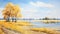 Yellow Trees At The Edge Of A River: Realistic Rendering Of A Serene Landscape