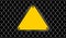 Yellow triangle emblem notice on wire mesh background, caution sign on fence barb grid, copy space, empty warning sign template