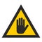 Yellow triangle, palm of hand, sign stop. Warning danger
