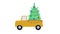 A yellow truck decorated witn lights carrying a christmas tree.