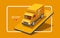 Yellow truck delivers parcels from warehouse to customers. and all on the smartphone and place the composition on the white square