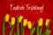 Yellow Tulip Flowers, Red Background, Endlich Fruehling Means Finally Spring