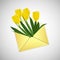 Yellow tulips in a golden envelope. March 8 and mother`s day concept.