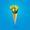 Yellow tulips with ice cream waffle cone on a blue background. World Women`s Day concept. March 8.