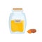 Yellow turmeric powder preserved in transparent kitchen jar isolated on white background. Tasty condiment, oriental food