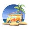 A yellow van with surfboards on the roof walking on a sandy island with a coconut palm against the background of the sea