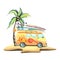 A yellow van with surfboards on the roof walking on a sandy island with a coconut palm on the white background