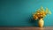 A yellow vase filled with yellow flowers on a wooden table, adding a pop of color to the room