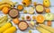 Yellow vegetables, beans and fruits - banana, corn, lemon, plum, apricot, pepper, zucchini, tomato, asparagus bean, millet, soybea