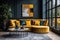 Yellow velvet corner sofa with colorful pillows against dark classic panel wall. Round golden coffee table against window