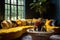 Yellow velvet corner sofa with colorful pillows against dark classic panel wall. Round golden coffee table against window