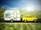 Yellow vintage car on the road with caravan. 3D illustration