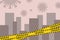 Yellow virus lockdown barrier tape over city silhouette. Pandemic. Biohazard warning sign. Stock vector illustration.