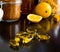 Yellow vitamin capsules, on background lemon