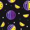 Yellow Warermelon Seamless pattern Black background. August 3 International watermelons day poster print. Violet fruit sliced seed