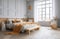 Yellow and warm modern bedroom with neutral wooden interior. AI Generative.