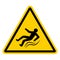 Yellow warning sign with a falling slipping person, vector sign of ice, slippery road, hazard warnings to be injured on
