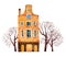 Yellow watercolor old stone europe house. Amsterdam building with trees. Hand drawn cartoon illustration