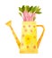 Yellow watering can with seedlings.