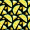 Yellow watermelons drawings seamless pattern. Summer tropical fruits hand drawn texture on dark background.