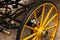 Yellow wheel of horse carriage with disc brake