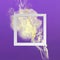 Yellow and white color paint smoke explosion with square frame on purple gradient background. Creative minimal design composition