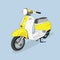 Yellow-white retro scooter drawn in perspective, isolated from the background