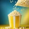 a yellow and white striped popcorn bucket with popcorn spilling out of it on a yellow background with a drop of popcorn