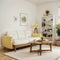 Yellow and white wall background, decorative bookshelf and book, coffee table, lamp.