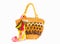 Yellow wicker beach bag with bow isolated on a white background