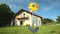 Yellow windmill spinning in wind in front of wooden house