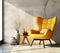 Yellow wing chair and coffee table near beige grunge stucco wall. Interior design of modern living room. Created with generative