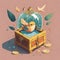 A yellow winged imaginary bird with a treasure box.generative AI