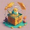 A yellow winged imaginary bird with a treasure box.generative AI