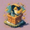 A yellow winged imaginary bird with a treasure box.generative AI