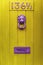 Yellow wooden door with purple door knock and mailbox