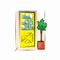 Yellow wooden with glass front door ajar