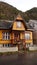 Yellow wooden House in Autumn colours in Valldal n Norway