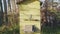 Yellow wooden old beehive stands on farm land field.