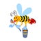 Yellow worker bee flies with a spoon & a bucket of honey, a funny character with a smile & red shoes