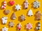 Yellow xmas background gingerbread cookie pattern