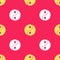 Yellow Yin Yang symbol of harmony and balance icon isolated seamless pattern on red background. Vector