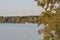 Yellowed lake against a lake with a yacht