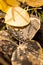 Yellowing autumn leaves with dew drops