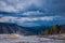 YELLOWSTONE, MONTANA, USA JUNE 02, 2018: People walking in a boardwalk in Mammoth hot springs pools with hiking trails