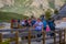 YELLOWSTONE, MONTANA, USA MAY 24, 2018: Unidentified people walking at Canary Springs on terraces of Mammoth Hot Springs