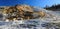 Yellowstone National Park Landscape Panorama of Evening Sun on Minerva Terraces at Mammoth Hot Springs, Wyoming, USA