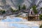 YELLOWSTONE NATIONAL PARK, WYOMING, USA - JULY 17, 2017: Mammoth hot springs pools with boardwalk, walkway. Tourists, people walki