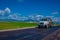 YELLOWSTONE NATIONAL PARK, WYOMING, USA - JUNE 07, 2018: Outdoor view of truck asphalt machine fixing the holes in the